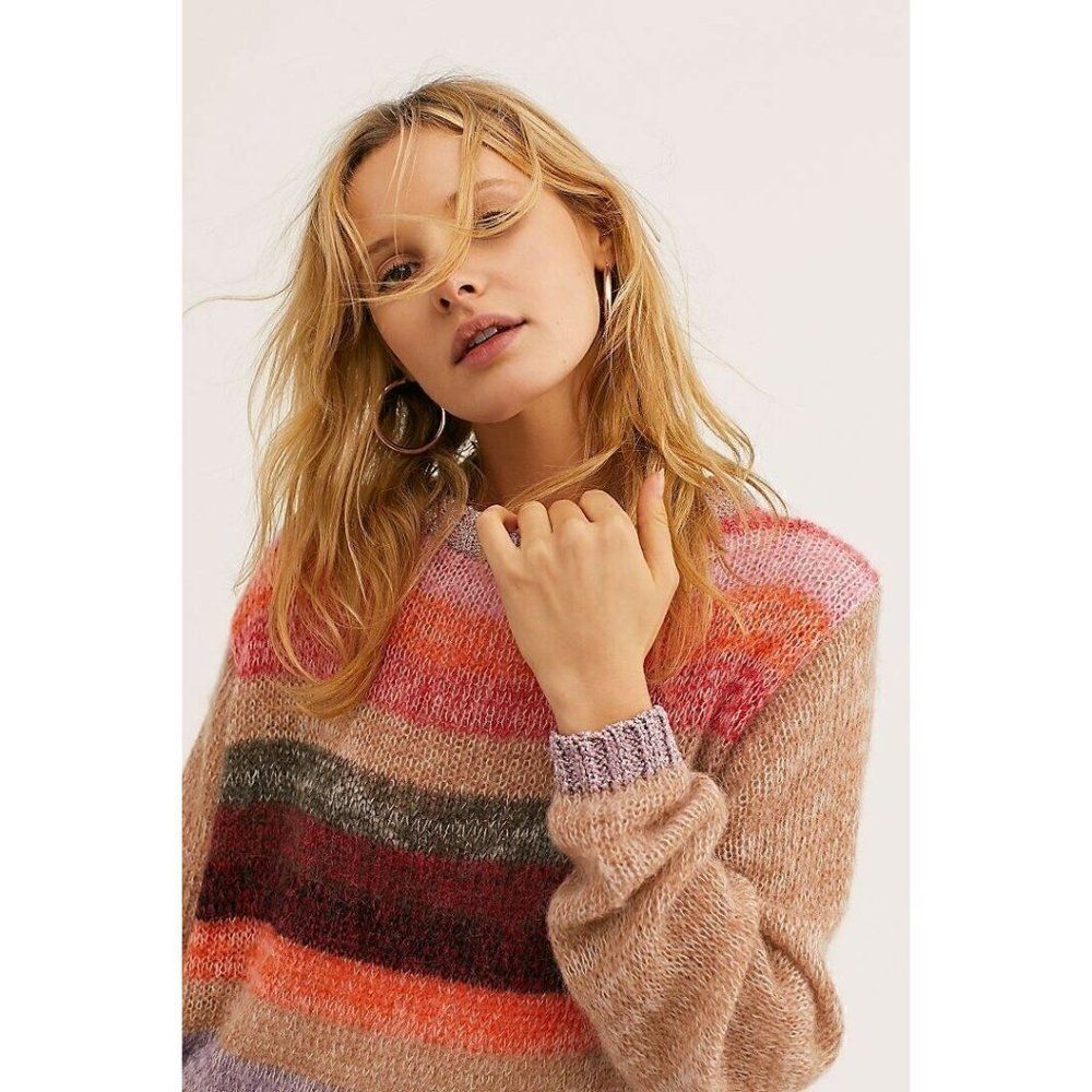 NEW FREE PEOPLE Sz XS BRIGHT IT UP MINI SWEATER DRESS STRIPED PULLOVER TUNIC - Picture 2 of 3